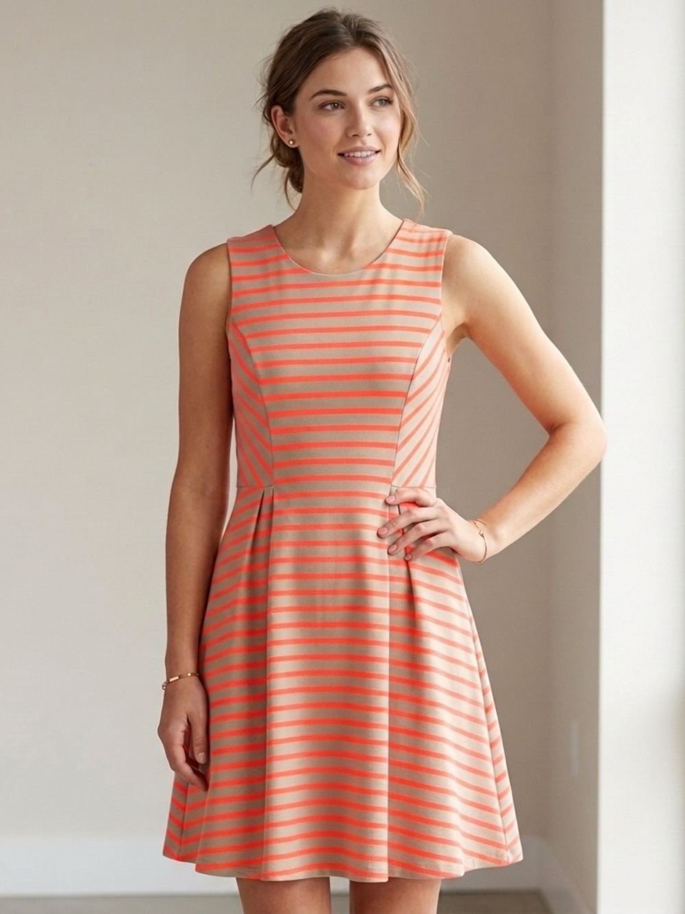 Bar III Neon Orange and Beige Striped Sleeveless Fit & Flare Dress